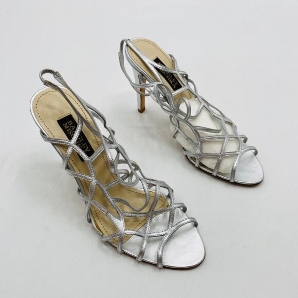 badgley mischka silver leather cage‎ heels